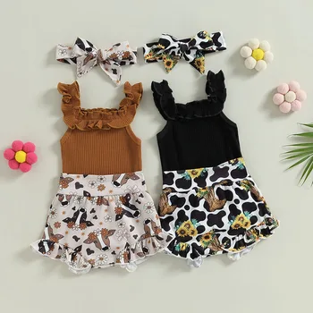 Το καλοκαίρι Νεογέννητο Μωρό Κορίτσια Ρούχα Σύνολα Στερεό Χρώμα με Ραβδώσεις Αμάνικο Romper με Αγελάδα τυπωμένη ύλη του/Flower Σορτς και Κορδέλα
