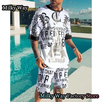 Το καλοκαίρι οι Άντρες Ρετρό T-Shirt Σορτς 3D Επιστολή Εκτύπωση Φόρμα Casual 2 Κομμάτια Στολή Σύνολο Αρσενικό Κοστούμι Τζόκινγκ Τάση της Μόδας Ρούχα