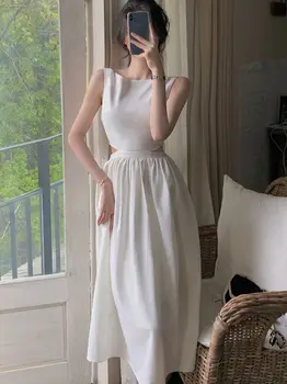 Το Καλοκαίρι Οι Γυναίκες Σέξι Elegent Κόμμα Λευκό Midi Φόρεμα 2022 Γυναικείας Μόδας Κοίλο Έξω Λεπτό Τα Μαύρα Ρούχα Vestidos Κυρία Φόρεμα Prom Νέα