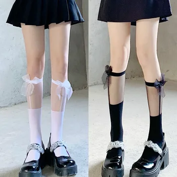 Τόξο Κόμπο Κάλτσες για τα Κορίτσια Lolita Ιαπωνικό Στυλ Γλυκό Μωσαϊκό JK Μοσχάρι Κάλτσες Καλοκαίρι Λεπτή Διαφανής Μακριές Κάλτσες Κάλτσες