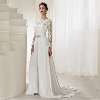 Φόρμα Γαμήλια Φορέματα Δαντελλών Με Αποσπώμενη Τρένο Μακριά Μανίκια O-Λαιμό Επίσημη Λευκό Νυφικά Φορέματα Διακοσμημένα Με Χάντρες Vestidos De Novia 2023