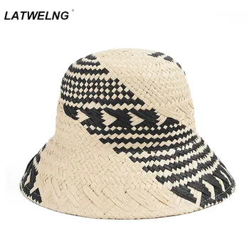 Χέρι-πλεκτά Buket Καπέλο Για τις Γυναίκες της Μόδας Χρώμα-μπλοκ Καπέλα Ήλιων Γυναικείου Καλοκαιριού Παραλία Χονδρικό εμπόριο Καπέλων