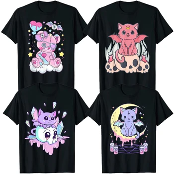 Χαριτωμένο Παστέλ Goth Χαριτωμένο Ανατριχιαστικό Μαύρη Γάτα T-Shirt Ιαπωνική Vaporwave Αισθητική Αρκούδα Κρανίο Kitty Δαίμονα Γάτες Anime Τέχνη Τεε Y2K Κορυφές