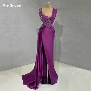 Smileven Σέξι Μωβ Γοργόνα Prom Ντύνει τη διακοσμημένη με Χάντρες 3D Λουλούδι Βραδινά Φορέματα χωρίς Μανίκια Σαουδική Αραβία Απλό Φόρεμα δεξιώσεων Γάμου 2023