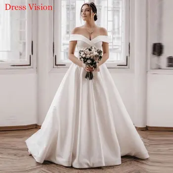 Vestido De Noiva Γαμήλιο Φόρεμα Μια Γραμμή Από Τον Ώμο Εξώπλατο Σατέν Μαργαριτάρια Φύλλα Μήκος Πατωμάτων Τραίνο Σκουπισμάτων Απλή Νύφη Φόρεμα